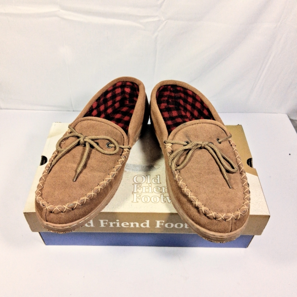 Men's Size 10 Old Friend Footwear 588161 Plaid Red And Black Lined Moccasins